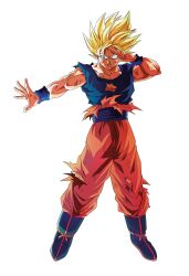 Rule 34 | 1boy, blonde hair, blue footwear, blue shirt, derivative work, dougi, dragon ball, dragonball z, green eyes, highres, muscular, orange pants, outstretched arm, pants, saiyan, salute, shirt, simple background, sleeveless, sleeveless shirt, smile, solo, son goku, spiked hair, super saiyan, super saiyan 1, torn clothes, white background, wrist cuffs, yuuri-622