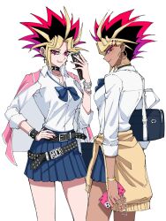 2girls ankh_earrings atem bag belt belt_collar black_bag black_belt black_hair black_nails blazer blonde_hair blue_bow blue_bowtie blue_skirt blue_sky bow bowtie bracelet breasts cardigan cardigan_around_waist cellphone cellphone_charm charm_(object) cleavage closed_mouth clothes_around_waist collar collared_shirt dark-skinned_female dark_skin domino_high_school_uniform earclip earrings fingernails genderswap genderswap_(mtf) gyaru hair_ornament hairclip hand_on_own_hip hand_up highres holding holding_phone hoop_earrings jacket jacket_on_shoulders jewelry long_fingernails long_sleeves looking_at_viewer marieri medium_breasts multicolored_hair multiple_belts multiple_girls nail_polish parted_lips phone pink_jacket pleated_skirt purple_eyes purple_hair school_bag school_uniform shirt simple_background skirt sky smartphone smile spiked_hair white_background white_shirt yami_yugi yellow_cardigan yu-gi-oh! yu-gi-oh!_duel_monsters