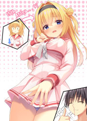 Rule 34 | 1boy, 1girl, ^^^, aged up, anniversary, aria (koiiroharemoyou), aroused nosebleed, arrow (symbol), black hair, black hairband, blonde hair, blue eyes, blush, blush stickers, breasts, brother and sister, chitose haruki, chitose sana, closed mouth, commentary request, covered erect nipples, covering crotch, covering privates, cowboy shot, crossed bangs, d:, double bun, embarrassed, english text, eyes visible through hair, fingernails, flying sweatdrops, foreshortening, from below, furrowed brow, hair between eyes, hair bun, hair intakes, hairband, hand up, highres, large breasts, long hair, long sleeves, looking at viewer, miniskirt, nosebleed, open mouth, panties, panty peek, pink serafuku, pink shirt, pink skirt, pleated skirt, polka dot, polka dot background, red sailor collar, sailor collar, school uniform, serafuku, shirt, short hair, siblings, simple background, skirt, smile, solo focus, straight hair, tenshinranman, thumbs up, two side up, underwear, white background, white panties, | |