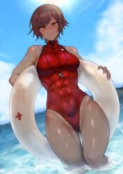 1girl abs athletic_leotard beach cross dark-skinned_female dark_skin earrings highres jewelry leotard lifeguard limbus_company muscular muscular_female ocean orange_eyes outis_(project_moon) project_moon solo swim_ring toned toned_female tresmarrow wet whistle