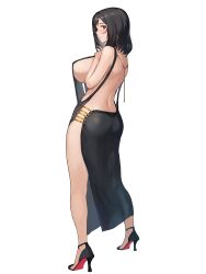 1girl ass backless_outfit black_shoes breasts dairoku_ryouhei earrings full_body hand_up high_heels highres hoop_earrings jewelry keroin_hatako kishiba_yuusuke large_breasts medium_hair red_eyes shoes sideboob solo standing transparent_background