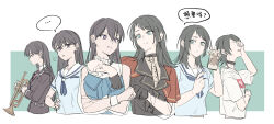 2girls age_progression bang_dream! bang_dream!_it&#039;s_mygo!!!!! black_gloves black_hair black_jacket black_vest blue_eyes blue_shirt capelet cart closed_mouth commentary diagonal-striped_clothes diagonal-striped_necktie fist_bump gloves hanasakigawa_school_uniform haneoka_school_uniform highres instrument jacket joker_(jjjokerrr233) long_hair medium_hair mole mole_under_eye multiple_girls necktie open_mouth purple_eyes purple_necktie red_capelet sailor_collar school_uniform serafuku shiina_taki shirt short_hair short_sleeves striped_clothes timoris_(bang_dream!) translation_request trumpet vest white_sailor_collar white_shirt yahata_umiri