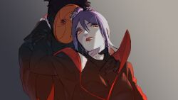 Rule 34 | 1boy, 1girl, akatsuki (naruto), akatsuki uniform, black hair, breasts, face piercing, highres, konan (naruto), labret piercing, makeup, mask, naruto (series), naruto shippuuden, orange eyes, orange mask, purple hair, sharingan, short hair, sowame xx, tobi (naruto), uchiha obito