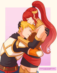 1boy 1girl armor bare_shoulders belt blonde_hair brown_belt circlet commission crying elbow_gloves gloves highres hug jaune_arc long_hair ponytail pyrrha_nikos red_hair rwby short_hair smile twitter_username upper_body yellow_nicky