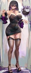 1girl absurdres bare_shoulders breasts cleavage curvy detached_sleeves earrings female_focus fishnet_thighhighs fishnets full_body gastly gen_1_pokemon hex_maniac_(pokemon_legends:_z-a) high_heels highres incredibly_absurdres jewelry large_breasts looking_at_viewer loooyd medium_hair nail_polish nintendo pokemon pokemon_legends:_z-a purple_eyes skindentation solo thick_thighs thighhighs thighs toenail_polish toenails wide_sleeves