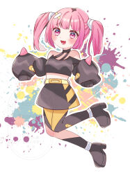 1girl :d bandaid bandaid_hair_ornament bare_shoulders black_skirt commentary coral_(pokemon) cropped_shirt fang full_body hair_ornament highres jasmine--tea long_sleeves nintendo open_mouth outline pink_eyes pink_hair pokemon pokemon_(anime) pokemon_horizons skirt sleeves_past_fingers sleeves_past_wrists smile solo symbol-only_commentary twintails white_outline yellow_bandaid