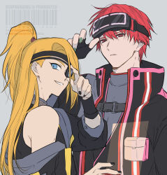 2boys black_gloves black_nails blonde_hair blue_eyes buckle deidara_(naruto) eyeliner eyepatch fingerless_gloves fishnet_top fishnets gloves goggles goggles_on_head green_nails grey_background grin hayamin35 headband high_ponytail highres jacket long_hair looking_at_viewer makeup male_focus multiple_boys naruto_(series) naruto_shippuuden off_shoulder official_alternate_costume open_clothes open_jacket parted_lips ponytail pouch red_hair sasori_(naruto) scope short_hair simple_background smile watermark