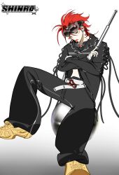 1boy baggy_pants belt black_jacket black_pants crop_top crossed_arms ear_piercing facial_mark final_fantasy final_fantasy_vii goggles goggles_on_head green_eyes highres jacket lace-up_sleeves lihonghua314 messy_hair open_clothes open_jacket pants piercing red_hair reno_(ff7) shirring shoes sneakers tongue tongue_out