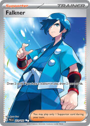 1boy artist_name blue_eyes blue_hair blue_jacket blue_pants blue_shirt blue_sky card_(medium) character_name closed_mouth cloud company_name copyright_name copyright_notice day english_text falkner_(pokemon) fuse_ryuuta hair_over_one_eye jacket male_focus nintendo official_art open_clothes open_jacket outdoors pants pokemon pokemon_card pokemon_hgss pokemon_tcg shirt short_hair sky solo standing third-party_source trading_card v-shaped_eyebrows