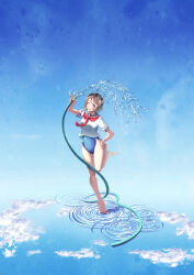 1girl absurdres bare_legs barefoot blue_eyes blush brown_hair competition_swimsuit covered_navel feet grey_hair highres holding holding_hose hose legs love_live! love_live!_sunshine!! myumyumyu navel necktie one-piece_swimsuit one_eye_closed puddle red_necktie sailor_collar school_uniform serafuku short_hair smile splashing swimsuit swimsuit_under_clothes thighs tongue tongue_out v variant_set watanabe_you water wavy_hair