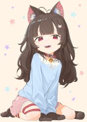 1girl absurdres alternate_color animal_ears animal_hands bell belt_collar blue_shirt brown_hair cat_ears cat_girl collar commentary fallenshadow gloves highres indie_virtual_youtuber jingle_bell loli long_hair miniskirt mirumiruchan neck_bell paw_gloves paw_shoes pink_skirt red_collar red_eyes seiza shirt simple_background sitting skirt slit_pupils star_(symbol) star_symbol_background tooth_gap virtual_youtuber wavy_hair