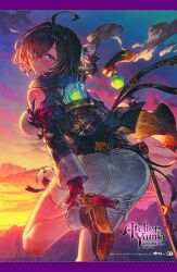 1girl ahoge ass atelier_(series) atelier_yumia benitama black_hair clothing_cutout copyright_name flammi_(atelier) gloves hair_over_one_eye high_heels highres holding holding_staff jacket looking_back official_art outdoors purple_eyes red_gloves second-party_source shoulder_cutout smile staff stuffed_toy sunset yumia_liessfeldt