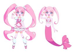 1girl :d absurdres arm_at_side bare_arms bare_shoulders bikini blue_eyes blush bow bracelet cropped_shirt footwear_bow frilled_bikini frilled_cuffs frilled_skirt frilled_sleeves frilled_socks frills full_body hand_up highres jewelry legs_apart long_hair looking_at_viewer loose_socks magical_girl mermaid midriff miniskirt monster_girl multicolored_shoes multiple_views navel necklace open_mouth original pearl_bracelet pink_bikini pink_bow pink_hair pink_shoes pink_skirt puffy_short_sleeves puffy_sleeves salute shirt shirt_bow shoes short_sleeves simple_background skirt smile socks standing star_(symbol) star_necklace straight_hair swimsuit teeth twintails two-tone_shoes two-tone_skirt upper_teeth_only very_long_hair white_background white_shirt white_shoes white_skirt white_socks white_wrist_cuffs wrist_cuffs yu1_na12