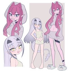 2girls absurdres baobhan_sith_(fate) blush breasts camisole cernunnos_(fate) fangs fate/grand_order fate_(series) full_body grey_eyes height_difference highres hood hoodie long_hair looking_at_viewer lrl23wznet74220 melusine_(fate) multiple_girls navel open_mouth pink_hair pointy_ears sharp_teeth shorts sidelocks slippers teeth tongue tongue_out white_camisole white_hair white_hoodie white_shorts yellow_eyes