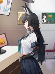 1girl alternate_costume animal_ears black_hair black_sailor_collar black_skirt blue_neckerchief blunt_bangs braid burger danraz0r expressionless food fox_ears from_side gauntlets highres hoshimi_miyabi long_hair neckerchief pleated_skirt profile red_eyes sailor_collar school_uniform serafuku shirt short_sleeves single_gauntlet skirt solo standing white_shirt zenless_zone_zero