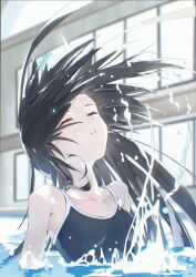 Rule 34 | 1girl, amano kokoko, animal ears, black hair, blue one-piece swimsuit, blurry, blurry background, breasts, closed eyes, collarbone, commentary request, highres, horse ears, horse girl, indoors, long hair, manhattan cafe (umamusume), one-piece swimsuit, partially submerged, pool, school swimsuit, small breasts, solo, swimsuit, tracen swimsuit, umamusume, water, wet, wet hair