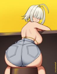 1girl :3 ahoge ass bar_(place) bar_stool bikini bikini_top_only blue_shorts blush breasts denim denim_shorts elegg_(nikke) eyes_visible_through_hair fang from_behind goddess_of_victory:_nikke grey_hair hair_over_eyes kuroonehalf large_breasts looking_at_viewer looking_back micro_bikini short_hair shorts sitting smile stool swimsuit underboob yellow_background yellow_bikini