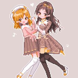 2girls black_pantyhose blush bow brown_dress brown_eyes brown_hair brown_skirt closed_mouth commentary dress footprints hair_ornament hat heart high_heels holding_hands idolmaster idolmaster_million_live! idolmaster_million_live!_theater_days kitazawa_shiho long_hair long_sleeves looking_at_viewer multiple_girls musical_note neutron_(765valis) official_alternate_costume official_alternate_hairstyle open_mouth orange_hair pantyhose paw_print pink_background pink_bow pink_shirt pixel_art pleated_skirt private_dress_(idolmaster_million_live!) shirt shoes short_hair simple_background skirt smile standing standing_on_one_leg thighhighs waist_bow white_thighhighs yabuki_kana yellow_eyes zettai_ryouiki