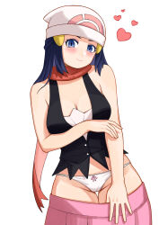 1girl absurdres beanie black_shirt blue_eyes blue_hair blush bow bow_panties breasts cleavage clothes_pull cowboy_shot dawn_(pokemon) female_focus hair_ornament hairclip hat heart highres long_hair looking_at_viewer matching_hair/eyes medium_breasts nintendo panties pink_bow pink_skirt poke_ball_print pokemon pokemon_(anime) pokemon_dppt pokemon_dppt_(anime) red_scarf scarf shirt sidelocks simple_background skirt skirt_pull smile solo standing thigh_gap underwear white_background white_hat white_panties wudumm
