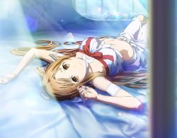 1girl arm_strap asuna_(sao) breasts brown_eyes brown_hair closed_mouth from_behind game_cg long_hair looking_at_viewer lying medium_breasts medium_skirt midriff on_back parted_bangs skirt solo stomach sunlight sword_art_online titania_(sao) very_long_hair white_skirt