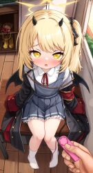 1girl absurdres asymmetrical_hair black_coat black_horns black_ribbon black_tail black_wings blonde_hair blue_archive blue_dress classroom coat collared_shirt commentary comodox demon_girl demon_horns demon_tail demon_wings desk dildo dress english_commentary flat_chest full_body hair_ribbon halo highres holding holding_sex_toy horns ibuki_(blue_archive) indoors large_variant_set loli long_sleeves neck_ribbon on_desk open_mouth paid_reward_available pinafore_dress pov pov_hands red_ribbon remote_control_vibrator ribbon sex_toy shirt side_ponytail sitting sleeveless sleeveless_dress sleeves_past_wrists socks solo_focus tail variant_set vibrator white_shirt white_socks wings yellow_eyes yellow_halo