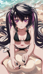 1girl absurdres bare_arms beach bikini black_bikini black_hair breasts collarbone commentary_request day hair_between_eyes hair_ribbon highres long_hair multicolored_hair navel ocean original outdoors priite_hari_(torriet) purple_eyes purple_hair ribbon sitting small_breasts solo streaked_hair swimsuit torriet twintails two-tone_hair very_long_hair