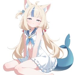1girl ahoge animal_ear_fluff animal_ears belly blonde_hair blue_eyes blue_hair cat_ears dress fins fish_girl fish_tail frilled_dress frills highres indie_virtual_youtuber loli long_hair looking_at_viewer low_twintails lumina_(1umin4) midriff midriff_peek multicolored_hair navel no_panties paper_boat sameko_saba simple_background solo streaked_hair tail twintails virtual_youtuber white_background white_dress