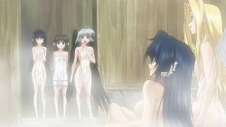 5girls angel_wings animal_ears anime_screenshot aruruu black_hair black_wings blonde_hair breasts brown_hair camyu censored collar convenient_censoring highres karulau medium_breasts multiple_girls nakamura_kazuhisa nude onsen sideboob silver_hair small_breasts tail towel ulthury utawarerumono wings yuzuha_(utawarerumono)