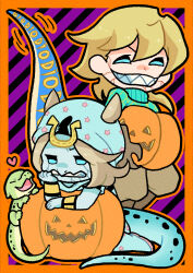Rule 34 | 2boys, absurdres, beanie, blonde hair, blue eyes, blue hat, blue skin, brown hair, brown pants, chibi, colored skin, commentary, commentary request, diego brando, dinosaur, dinosaur tail, green sweater, grin, halloween, hat, heart, highres, horseshoe hat ornament, jack-o&#039;-lantern, johnny joestar, jojo no kimyou na bouken, m a a m 8, male focus, medium hair, multiple boys, pants, pumpkin, scary monsters (stand), sharp teeth, smile, stand (jojo), star (symbol), star print, steel ball run, striped background, sweater, tail, teeth, turtleneck, turtleneck sweater