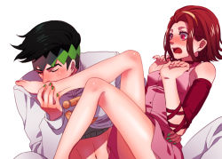 1boy 1girl arm_warmers bad_id bad_pixiv_id barefoot black_hair blush brown_hair choker closed_eyes dress feet hand_on_another&#039;s_hip headband hetero jojo_no_kimyou_na_bouken kishibe_rohan kiss kissing_foot leg_up nail_polish noriuma pink_dress plantar_flexion red_eyes sugimoto_reimi surprised