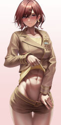 1girl abs blush breasts brown_hair brown_jacket brown_shorts clothes_lift clothes_pull cow dars full-face_blush gradient_background groin highres higuchi_madoka idolmaster idolmaster_shiny_colors jacket lifting_own_clothes long_hair looking_at_viewer medium_breasts mole mole_under_eye muscular muscular_female pulling_own_clothes red_eyes shirt shirt_lift short_hair shorts shorts_pull simple_background solo suwa763 thigh_gap toned toned_belly toned_female toned_stomach yellow_shirt