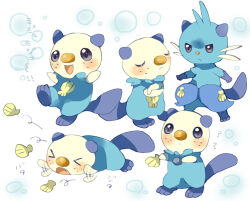 berry_(pokemon) blue_eyes blush bright_pupils bubble closed_mouth commentary crossed_arms dewott fang frown gen_5_pokemon holding looking_up moka-momaka nintendo no_humans open_mouth oran_berry oshawott pokemon pokemon_(creature) seashell shell simple_background tail white_background white_pupils