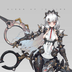 1girl absurdres armor cyborg eor79 highres joints light_smile long_hair maid_headdress mechanical_arms mechanical_legs monocle original red_eyes robot_joints science_fiction scissors simple_background solo spikes very_long_hair weapon white_hair