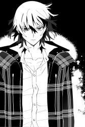 1boy angry closed_mouth collared_shirt dress_shirt fur-trimmed_jacket fur_trim greyscale hair_between_eyes high_collar honosuke_(tns4b) jacket koide_natsuno looking_at_viewer male_focus monochrome shiki_(novel) shirt short_hair solo tsurime upper_body v-shaped_eyebrows