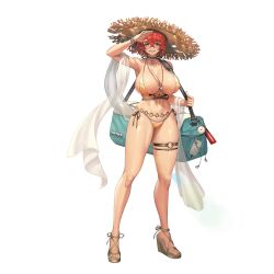 1girl 2v_(joyeong) armpits bag bag_charm bare_shoulders belt bikini blush bracelet breasts brown_collar cellphone character_name charm_(object) collar covered_erect_nipples dog_tags earphones earrings fang feet fingernails front-tie_bikini_top front-tie_top full_body gold_nails groin_tendon hair_between_eyes hand_up hat highres holding holding_bag hoop_earrings huge_breasts jewelry last_origin legs lips logo looking_at_viewer micro_bikini mole mole_on_breast multicolored_bikini nail_polish nashorn_(last_origin) navel necklace o-ring o-ring_belt o-ring_thigh_strap official_alternate_costume official_art orange_bikini orange_eyes orange_nails parted_lips phone red_hair sandals see-through_clothes see-through_shawl shawl shell shell_necklace shiny_skin short_hair shoulder_bag side-tie_bikini_bottom simple_background skindentation smartphone smile solo standing stomach strappy_heels striped_bikini striped_clothes sun_hat swimsuit tachi-e teeth thick_thighs thigh_strap thighs third-party_source toenails toes torn_clothes torn_hat transparent_background white_bikini white_shawl