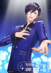 Rule 34 | 1boy, black hair, black pants, black shirt, blue background, blue eyes, blue jacket, blurry, blurry background, bubble, chain, collarbone, collared shirt, copyright name, copyright notice, countdown, cowboy shot, dated, diffraction spikes, ensemble stars!, fingernails, from below, gradient background, hair between eyes, hand on own chest, head tilt, hidaka seiya, jacket, light particles, long sleeves, looking at viewer, looking down, loose necktie, male focus, necktie, offering hand, official alternate costume, official art, one eye closed, open collar, open mouth, outstretched arm, pants, parted bangs, reaching, reaching towards viewer, safety pin, shirt, short hair, smile, solo, spotlight, standing, suzunosuke (sagula), teeth, turning head, upper teeth only, white necktie
