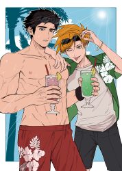 2boys abs arm_on_another&#039;s_shoulder armband arms_up bilingual_commentary black_armband black_hair black_pants blue_oak border bracelet brown_eyes brown_hair capri_pants cloud commentary crew_neck drink drinking_straw english_commentary eyewear_on_head feet_out_of_frame fingernails floral_print food fruit green_shirt groin highres holding holding_drink jewelry male_focus male_swimwear mixed-language_commentary multiple_boys nintendo nipples one_eye_closed open_clothes open_shirt orange_(fruit) orange_slice outside_border palm_tree pants parted_lips pectorals pokemon pokemon_sm red_(pokemon) red_male_swimwear red_swim_trunks shirt short_hair short_sleeves sideburns sinm_i sky sun sunglasses tongue tongue_out topless_male tree tropical_drink white_border white_shirt wing_collar