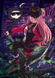 1girl :/ absurdres baseball_cap bass_guitar black_hat black_jacket black_pants black_shoes brick_wall from_above full_body ghost graffiti hand_in_pocket hat hat_over_one_eye highres holding holding_bass_guitar holding_instrument hololive hololive_english instrument jacket long_hair looking_at_viewer midriff mori_calliope mori_calliope_(streetwear) multicolored_jacket navel official_alternate_costume one_eye_covered oscar_fong paint_splatter pants pink_hair red_eyes red_jacket shirt shoes skull_and_crossbones skull_print sneakers solo stepped_on track_suit two-tone_jacket virtual_youtuber white_shirt