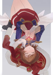 Rule 34 | 1girl, aiguillette, aijou karen, ankle boots, black boots, blue jacket, boots, border, brown hair, cape, closed eyes, commentary, crown, epaulettes, facing ahead, floating, floating clothes, floating hair, full body, fur-trimmed jacket, fur trim, glowing, grey background, hair ornament, hands up, highres, jacket, knees up, long sleeves, mini crown, miniskirt, multicolored jacket, outside border, parted lips, pillarboxed, red jacket, red skirt, sash, short hair, short twintails, shoujo kageki revue starlight, shoulder sash, single horizontal stripe, skirt, solo, sparkle hair ornament, sukuuyu, twintails, two-tone jacket, unworn hair ornament, upside-down, waist cape, white border, white cape, white sash, white sleeve cuffs