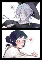 1boy 1girl annoyed black_hair blush brown_eyes dagger demon demon_boy double_bun hair_bun heart highres holding holding_dagger holding_knife holding_weapon knife korean_clothes korean_traditional_hat kpop_demon_hunters light_blush mystery_(kpop_demon_hunter) plapeach_v2 weapon white_hair yellow_eyes zoey_(kpop_demon_hunters)