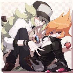 2boys black_coat black_gauntlets black_hat black_pants box bracelet brown_shoes coat crossover double-parted_bangs dress_shirt facing_another fur-trimmed_coat fur_trim green_shoes grey_eyes hair_slicked_back hand_on_ground hat heterochromia highres holding holding_jewelry holding_necklace holding_poke_ball jewelry khaki_pants knees_up leaning_back leaning_forward long_bangs looking_to_the_side male_focus multiple_boys n_(pokemon) necklace nintendo nuumigranate on_ground open_mouth orange_hair pants poke_ball pokemon pokemon_bw ponytail popped_collar purple_eyes red_eyes shirt shoes sleeves_rolled_up spiked_hair stuck_in_a_box v vector_(yu-gi-oh!) white_background white_shirt yu-gi-oh! yu-gi-oh!_zexal