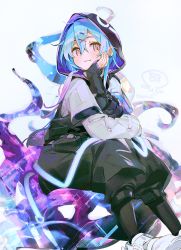 Rule 34 | 1boy, alternate costume, arknights, black pants, blue hair, blush, hair between eyes, hair ornament, hairclip, head rest, hood, hood up, looking at viewer, male focus, mizuki (arknights), multicolored hair, namie-kun, pants, pink eyes, shoes, short hair with long locks, simple background, sitting, smile, solo, streaked hair, tentacles, trap, white background, white shoes, x hair ornament