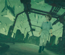 1girl black_boots black_hair boots breast_pocket dutch_angle green_theme indoors jacket kensight328 machinery manta_ray original pants pocket pressure_gauge shark short_hair solo white_jacket white_pants wide_shot window