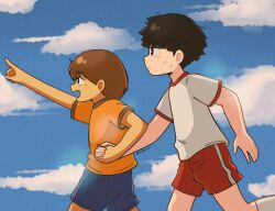 Rule 34 | alternate eye color, arm up, artist name, black eyes, black hair, black shoes, blue sky, bright pupils, character request, check character, check copyright, cloud, copyright request, crossover, day, gym uniform, hand grab, highres, kageyama shigeo, kel (faraway) (omori), kel (omori), mob psycho 100, omori, open mouth, orange shirt, outdoors, parted lips, pointing, red shorts, shirt, shoes, short sleeves, shorts, sky, starlyfnnctn, sweat, t-shirt, teeth, upper teeth only, white pupils, white shirt
