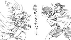 Rule 34 | 1boy, 1girl, ahoge, arm up, armlet, armor, arms up, bell, blunt ends, bodysuit, bracelet, bridal gauntlets, cape, charging forward, clenched hand, detached sleeves, dress, faceless, faceless female, faceless male, facing another, finger frame, genshin impact, greyscale, hair ornament, hakama, hakama shorts, hand up, hatching (texture), highres, imminent attack, japanese armor, japanese clothes, jewelry, kimono, kote, layered sleeves, leaf, leaf hair ornament, linear hatching, long hair, monochrome, nahida (genshin impact), naruto (series), oishii sasa, open hand, parody, pleated shorts, scaramouche (genshin impact), short sleeves, shorts, side ponytail, sidelocks, sketch, translation request, turtleneck, turtleneck bodysuit, vortex, wanderer (genshin impact)