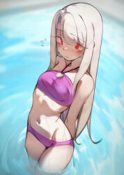 1girl absurdres bare_shoulders bikini blush breasts deko_morii fate/stay_night fate_(series) highres illyasviel_von_einzbern long_hair looking_at_viewer navel purple_bikini red_eyes small_breasts solo swimsuit thighs wading water wet white_hair