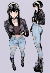 1girl alternate_costume black_boots black_gloves black_hair black_jacket blush boots choker crop_top denim earrings eyewear_on_head fingerless_gloves gloves high_heel_boots high_heels highres jacket jeans jei_games jewelry leather leather_jacket long_hair pants red_eyes simple_background smile solo spy_x_family sunglasses torn_clothes torn_jeans torn_pants yor_briar
