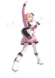 1girl ^_^ absurdres anklet arm_up ayase_naru black_hat black_sleeve_cuffs boots brown_hair buttons character_name closed_eyes electric_guitar frilled_jacket frills full_body guitar happy hat hat_ornament highres ice_skates idol instrument jacket jewelry knee_boots knees lace lace-trimmed_skirt lace_trim legs_apart long_sleeves mini_hat miniskirt morgue_(southsakura) music musical_note_hat_ornament open_mouth pink_jacket pink_skirt playing_guitar playing_instrument pleated_skirt pretty_rhythm pretty_rhythm_rainbow_live pretty_series short_hair simple_background skates skirt sleeve_cuffs smile solo swept_bangs teeth treble_clef upper_teeth_only white_background white_boots