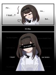 1girl arknights arrow_(symbol) black_hairband brown_hair censored censored_identity closed_eyes closed_mouth coat commentary covered_eyes english_commentary english_text gribberoni hairband highres lab_coat lapels medium_hair open_clothes open_coat pout priestess_(arknights) puff_of_air smile sweater tearing_up turtleneck turtleneck_sweater white_coat white_sweater