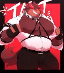 1boy bara belly black_gloves black_pants collar commentary cookie_run cookie_run:_kingdom dogoronumber3 english_commentary fat fat_man fingerless_gloves furry furry_male gloves grin highres horns looking_at_viewer male_focus nipples open_clothes open_shirt pants red_eyes schwarzwalder_(cookie_run) schwarzwalder_(t.n.t.)_(cookie_run) sharp_teeth shirt smile spiked_collar spikes tail teeth white_shirt